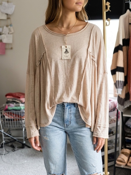 easel Tops - New easel Women's Long Sleeve Peasant Top — Beige medium oversized